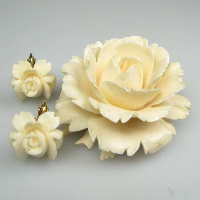Carved Ivory And Gilt Metal Brooch And Clip-Back Earrings