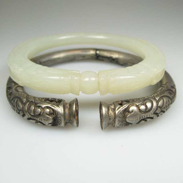 Vintage Chinese Silver Double Dragon Head Open Bangle