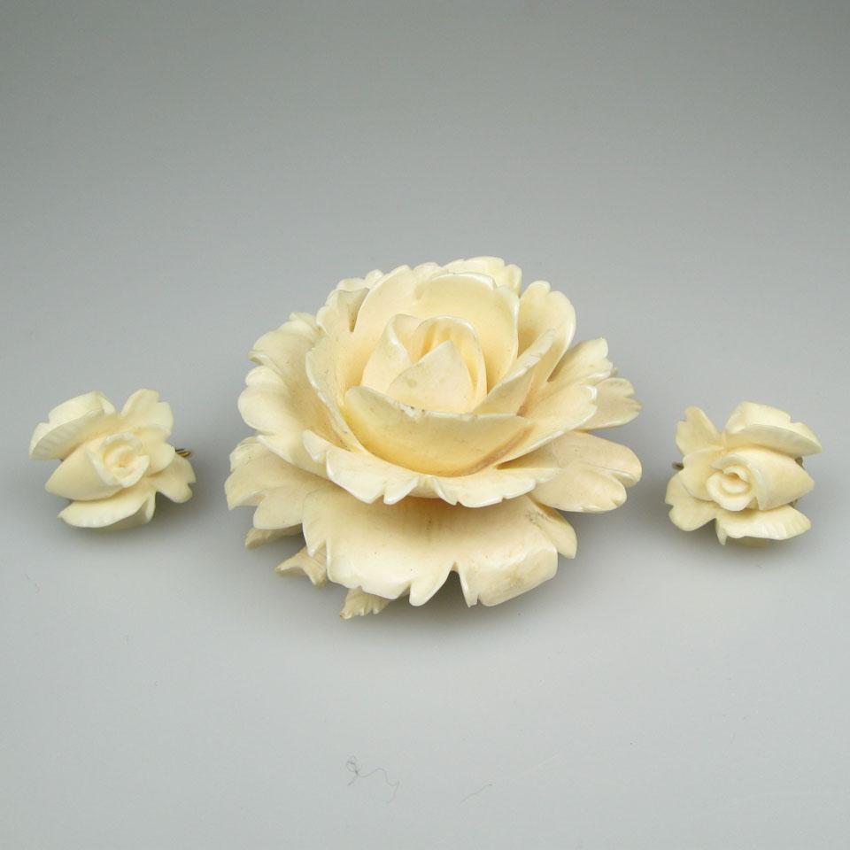 Carved Ivory And Gilt Metal Brooch And Clip-Back Earrings