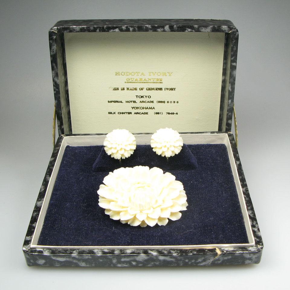 Carved Japanese Hodata Ivory Brooch And Screw-Back Earrings
