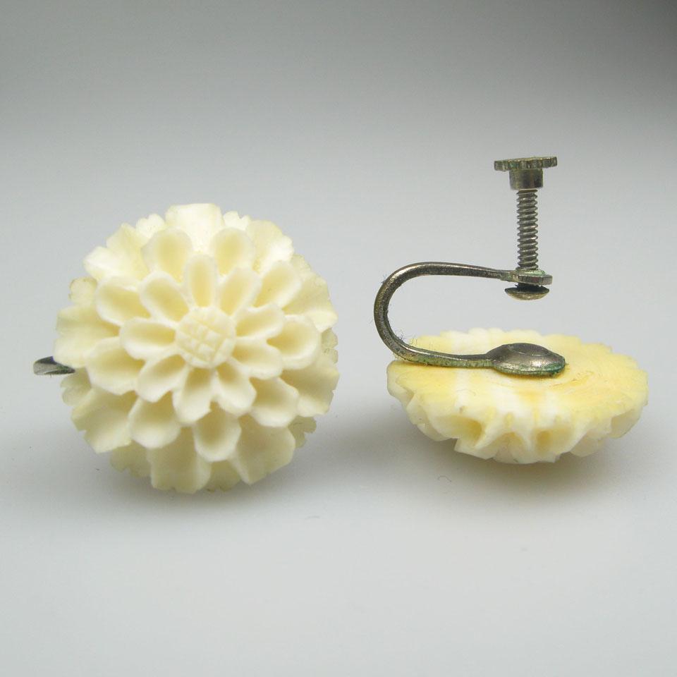 Carved Japanese Hodata Ivory Brooch And Screw-Back Earrings