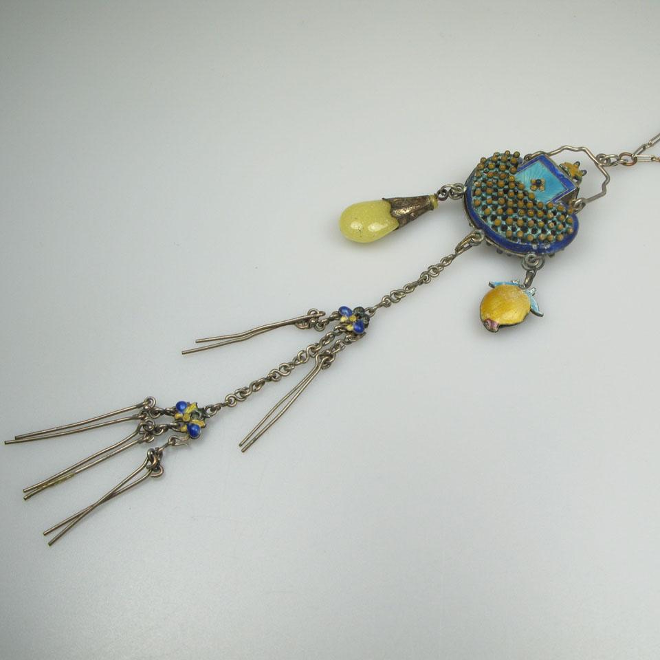 Chinese Silver And Enamel “Purse” Cricket Cage Pendant