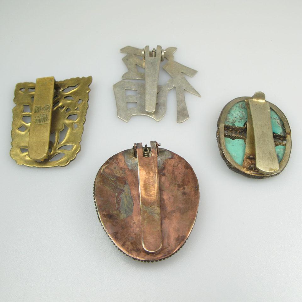 4 Various Chinese Silver And Metal Clip Brooches