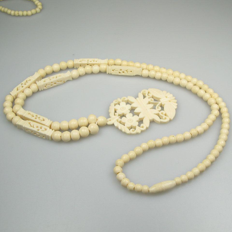 2 Ivory Bead Necklaces With Carved Ivory Pendants