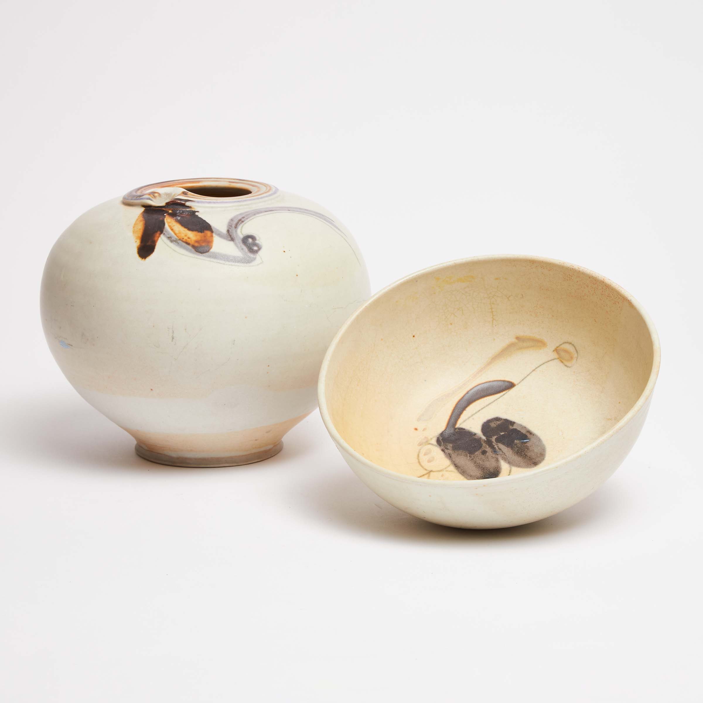 Kayo O'Young (Canadian, b.1950), Cream Glazed Bowl and Vase, 1977/78