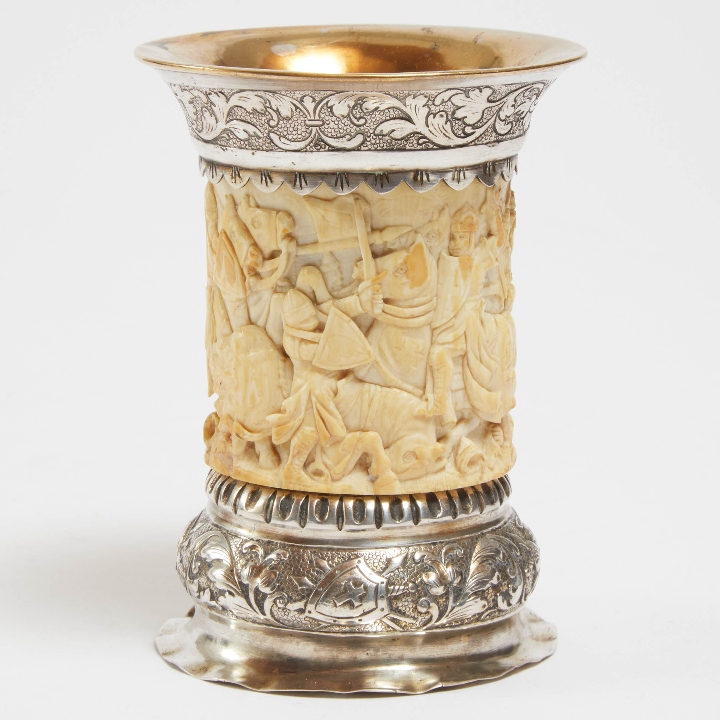 Victorian Mediaeval Style German Silver and Silver Gilt and Carved Ivory Beaker, 19th century