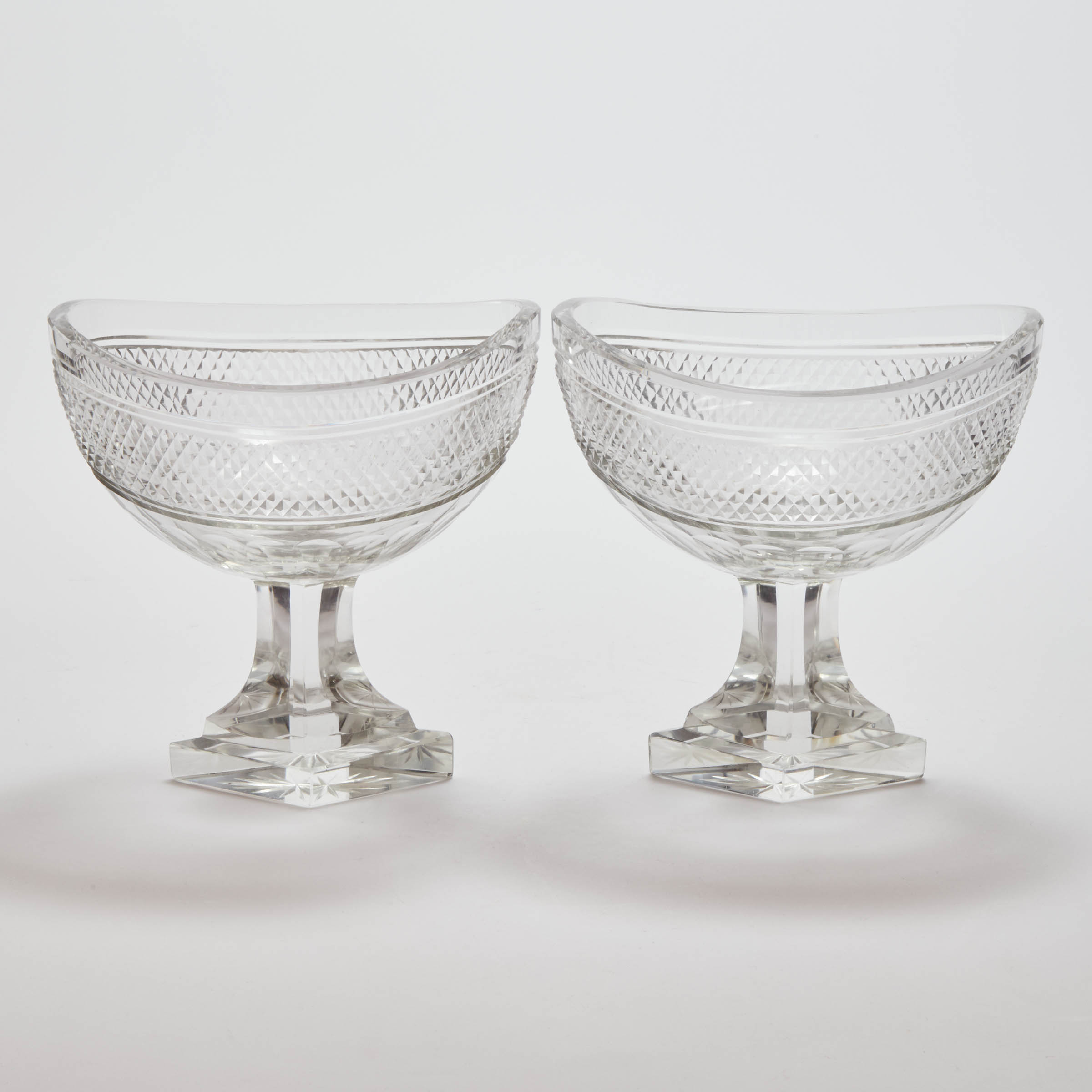 Pair of Continental Cut Glass Pedestal-Footed Oval Bowls, 20th century