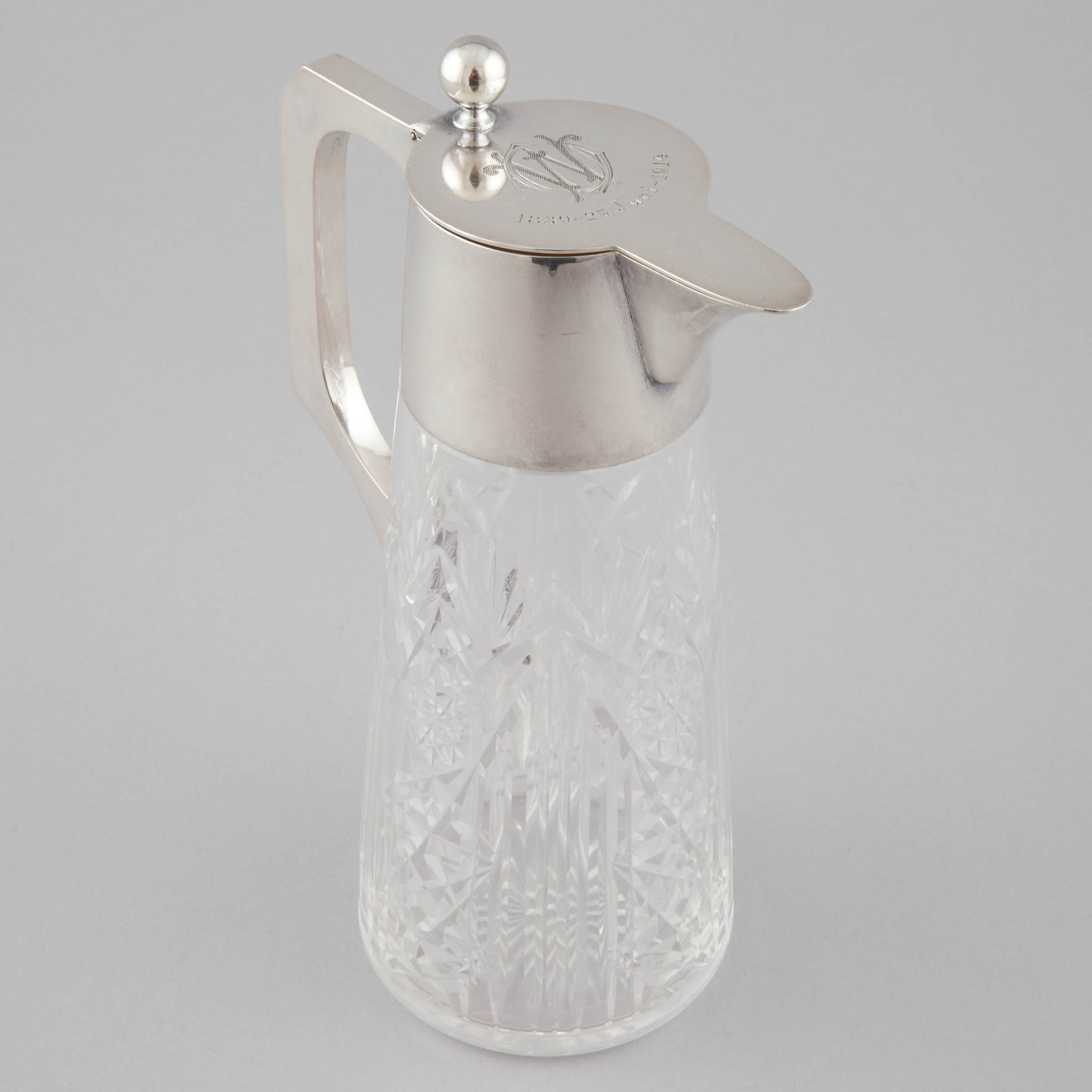 German Silver Mounted Cut Glass Claret Jug, Wilkens & Söhne, Bremen, early 20th century