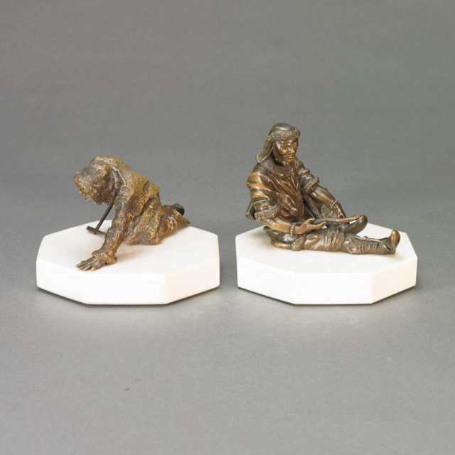 Russian School, Pair of Small Patinated Bronze Figures, Mongolian Ice Fisherman and Hunter, 19th century