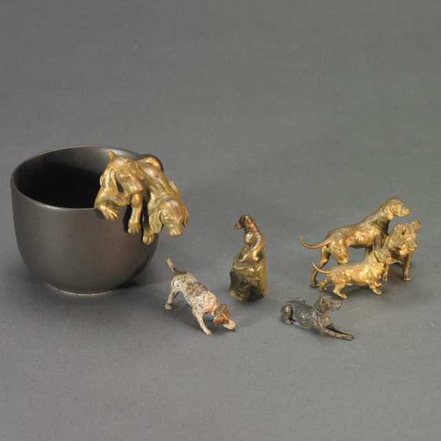 Group of Five Small Austrian Bronze Canine Figures, c. 1900
