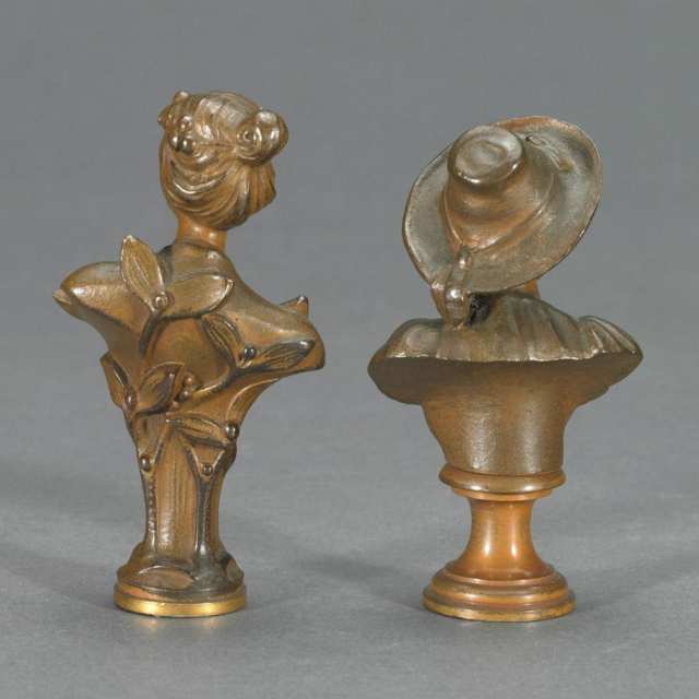 Two French Patinated Bronze Bust Form Desk Seals, late 19th century