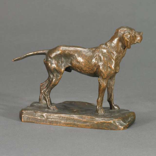 Patinated Bronze Figure of a Hound Dog on Naturalistic Base by F. Gruber, 19th century