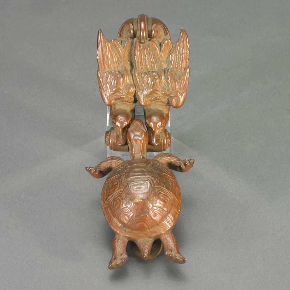 Continental Patinated Bronze Door Knocker Modelled as Two Duck Suspending Hinged Turtle, c.1900