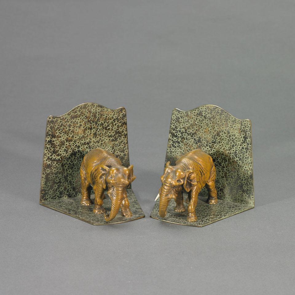 Pair of Austrian Cold Painted Bronze Elephant Form Book Ends, c.1920