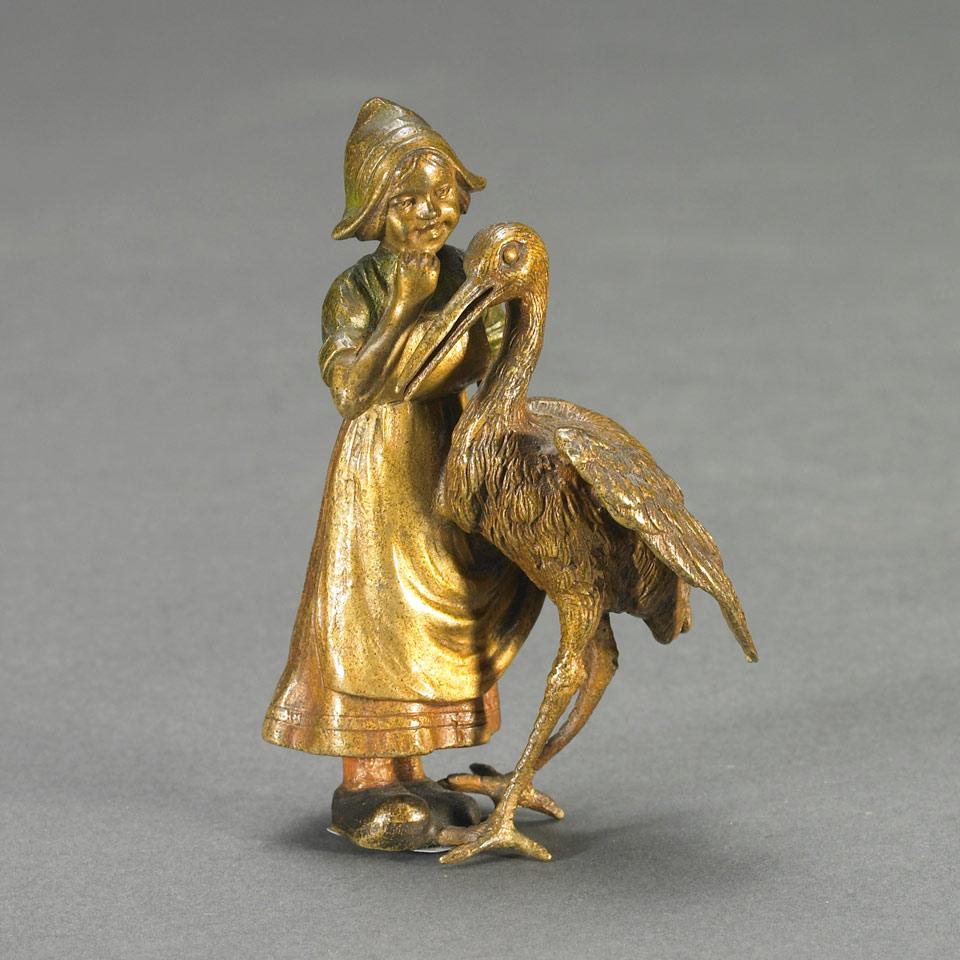Austrian School, Small Cold Painted Bronze Group of Dutch Girl and Stork, c.1900