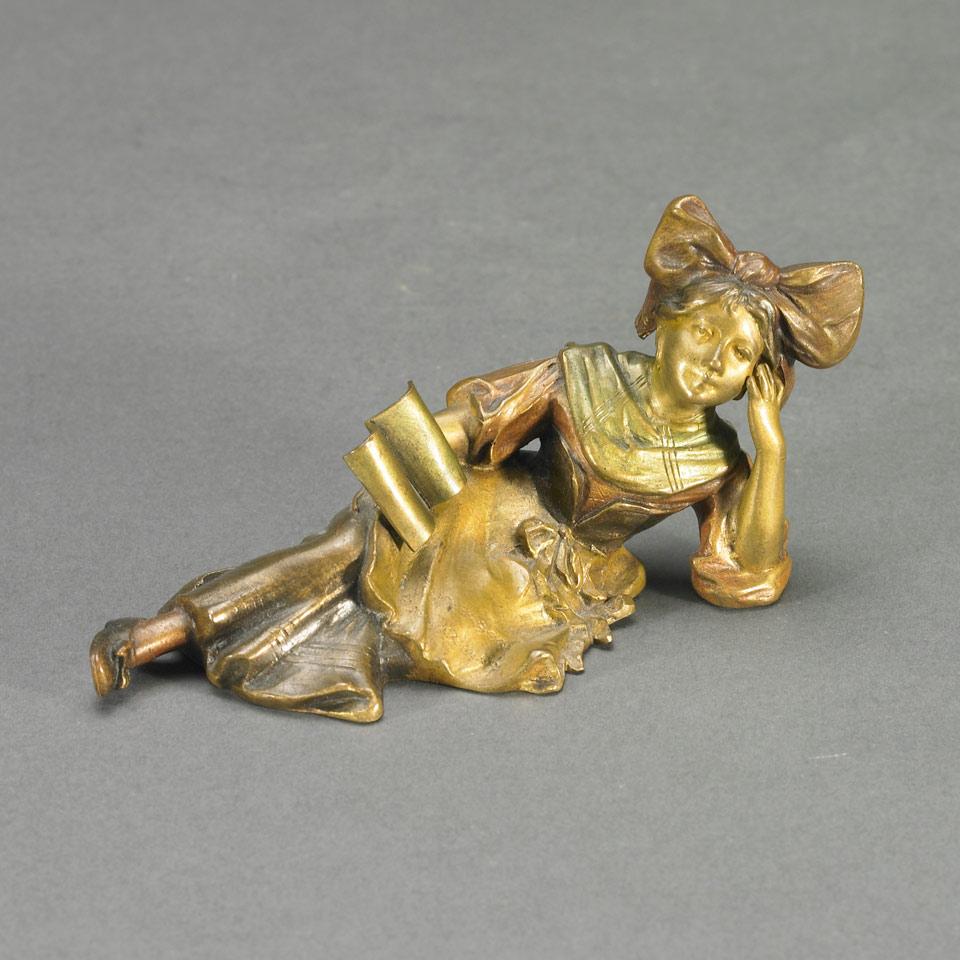 Austrian School, Cold Painted Bronze Figure of Reclined Young Girl Reading, c.1900