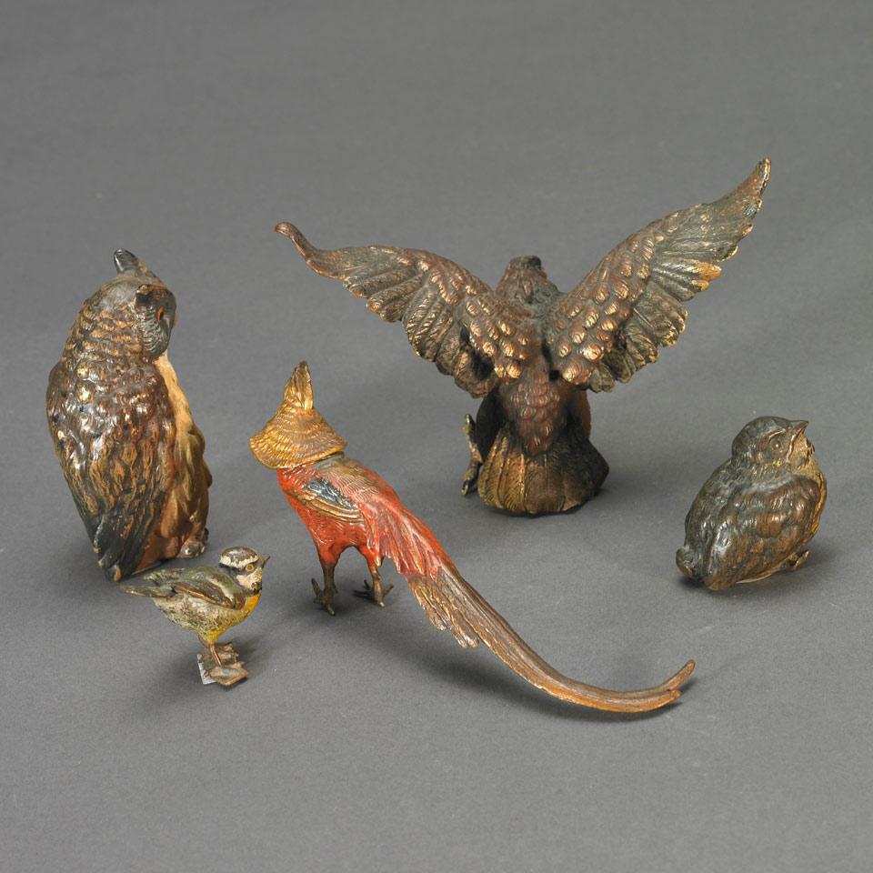 Group of Five Small Austrian Cold Painted Bronze Avian Figures, c.1900