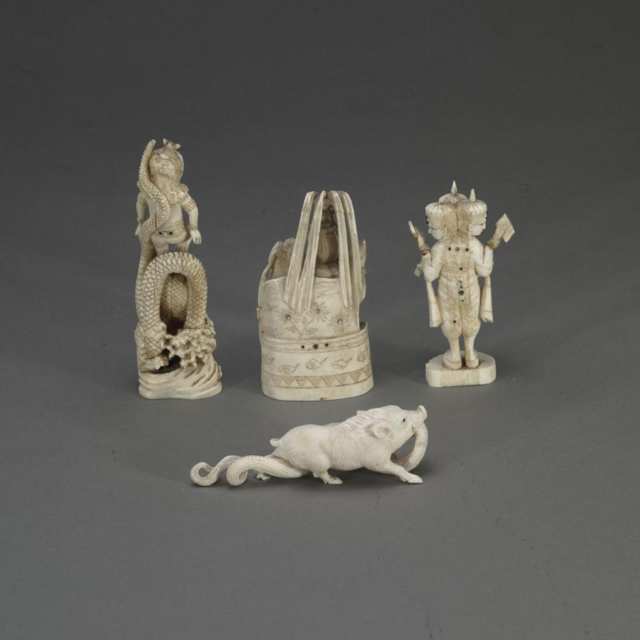 Three South Asian Ivory Carved Figures together with Boar and Snake 