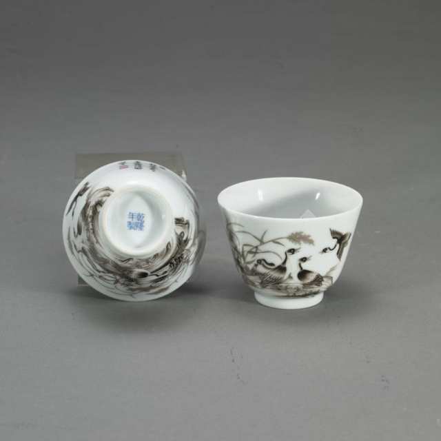 Pair of Grisaille Wine Cups, Qianlong Mark