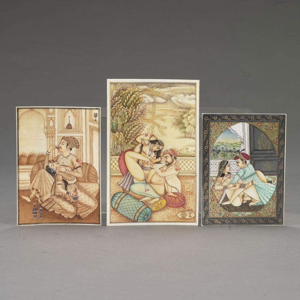 Three Erotic Painted Ivory Painted Miniatures, South Asia
