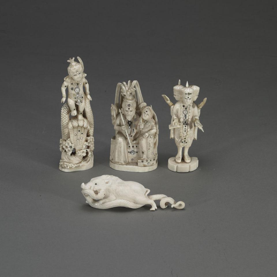Three South Asian Ivory Carved Figures together with Boar and Snake 