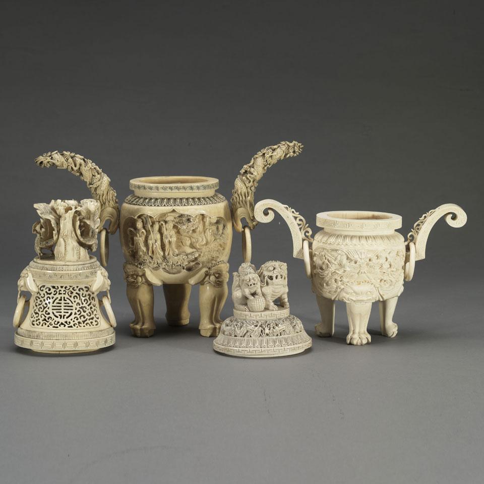 Two Ivory Carved Censers and Covers (A Married Set)