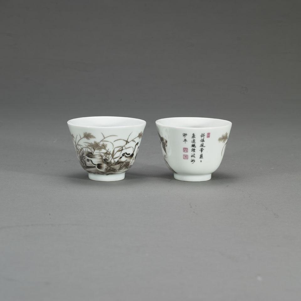 Pair of Grisaille Wine Cups, Qianlong Mark
