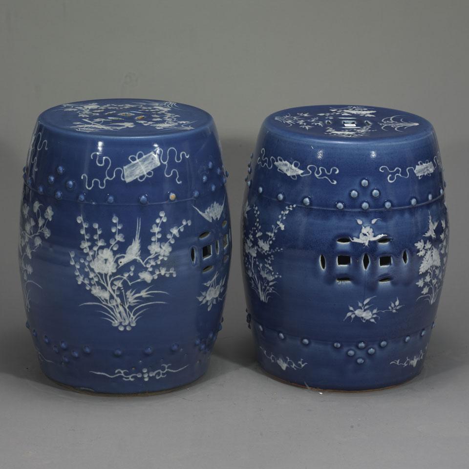 Pair of Blue and White Drum Stools