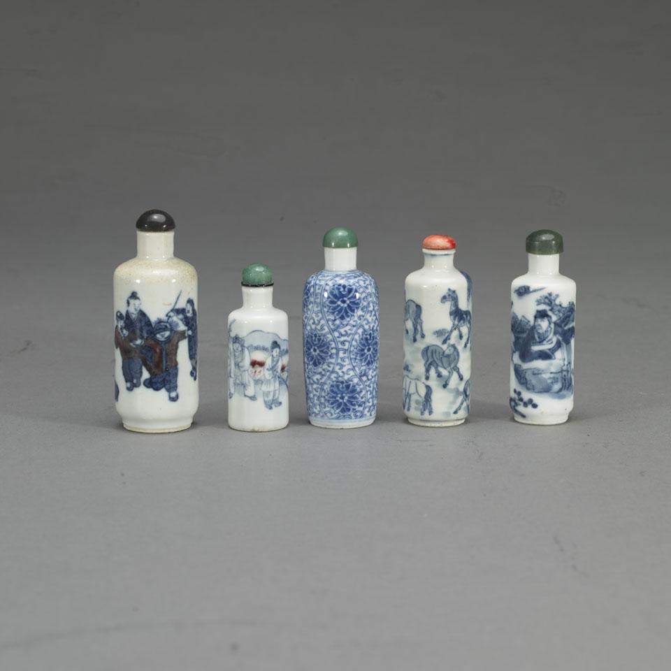 Five Blue and White Snuff Bottles