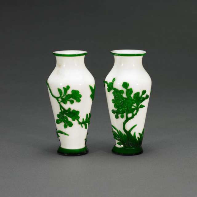 Pair of Green Cased White Glass Jarlets