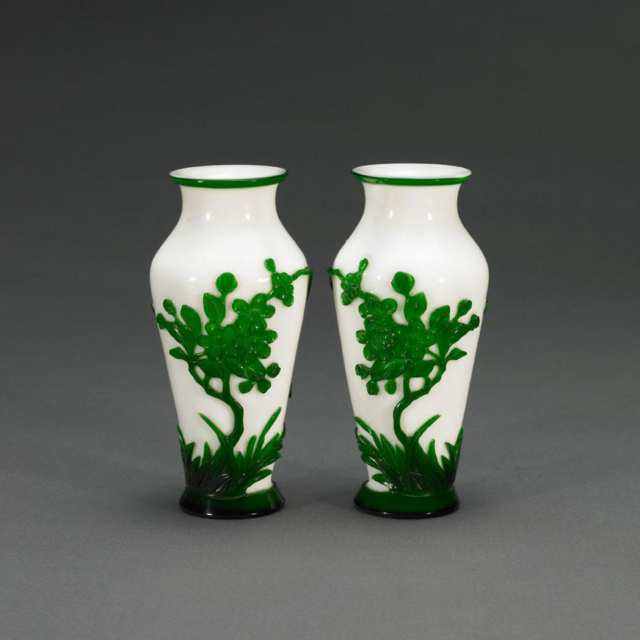 Pair of Green Cased White Glass Jarlets