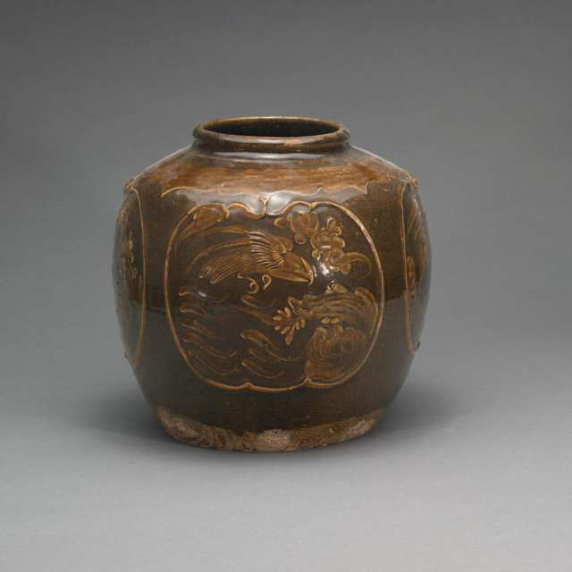 Brown Glazed Carved Stoneware Jar