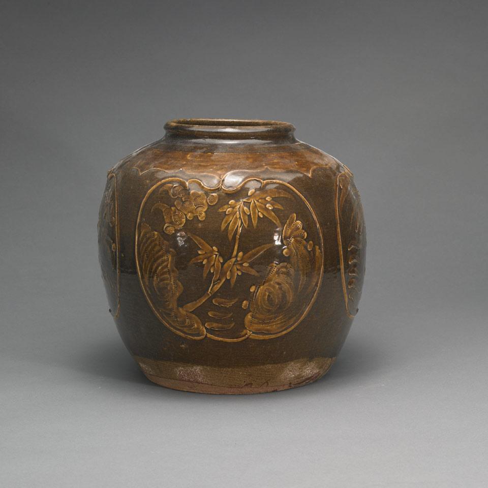 Brown Glazed Carved Stoneware Jar
