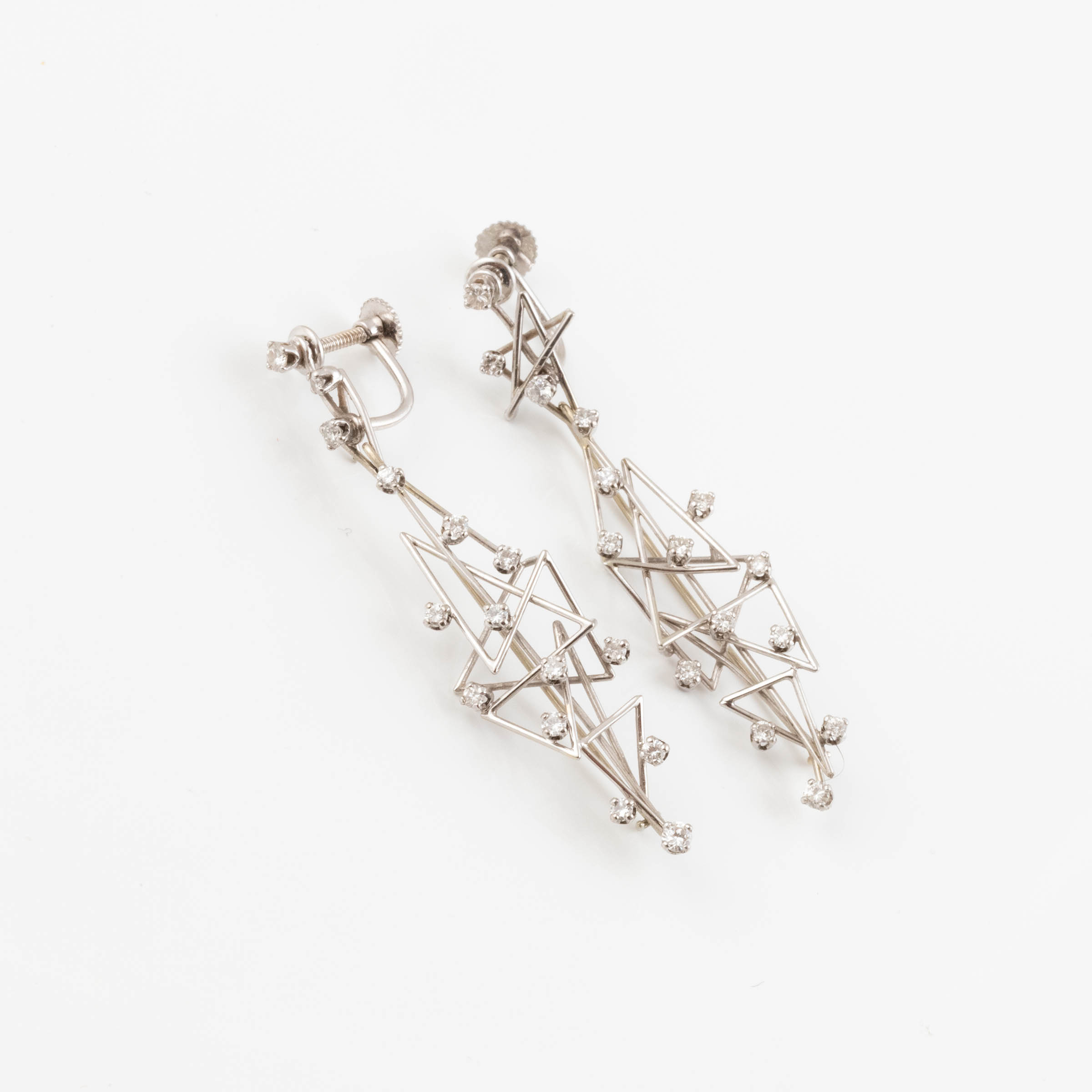 Pair Of Cavelti Canadian 18k & 14k White Gold Screw-Back Drop Earrings