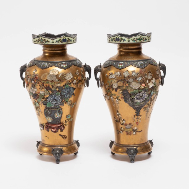 A Fine Pair of Gold Lacquer Shibayama-Inlaid and Cloisonné-Enamel Vases, Signed Shibayama, Meiji Period (1868-1912)