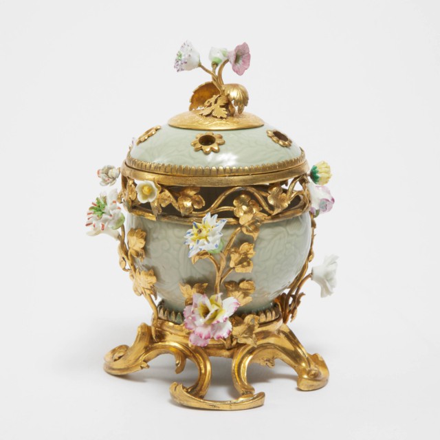A Louis XV Gilt Bronze-Mounted Celadon Potpourri Bowl and Cover, The Porcelain Kangxi Period (1662-1722), The Ormolu Mounts Circa 1750