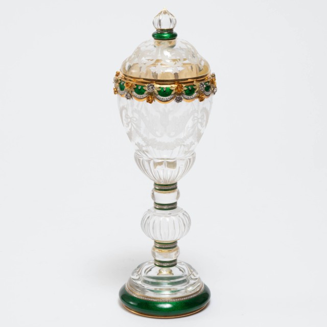 English Multi-Coloured Gold, Diamond and Green Enamel Mounted Etched Rock Crystal Cup and Cover, Asprey, London, 1989