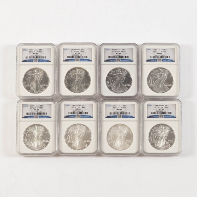 Eight American Pure Silver One Ounce ‘Eagle’ Coins