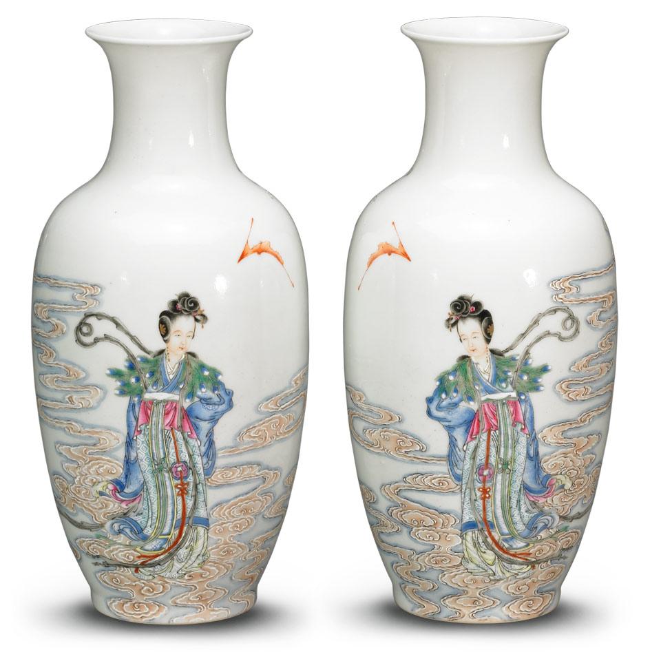 Pair of Immortal Cabinet Vases, Qianglong mark, Republican Period, circa 1920