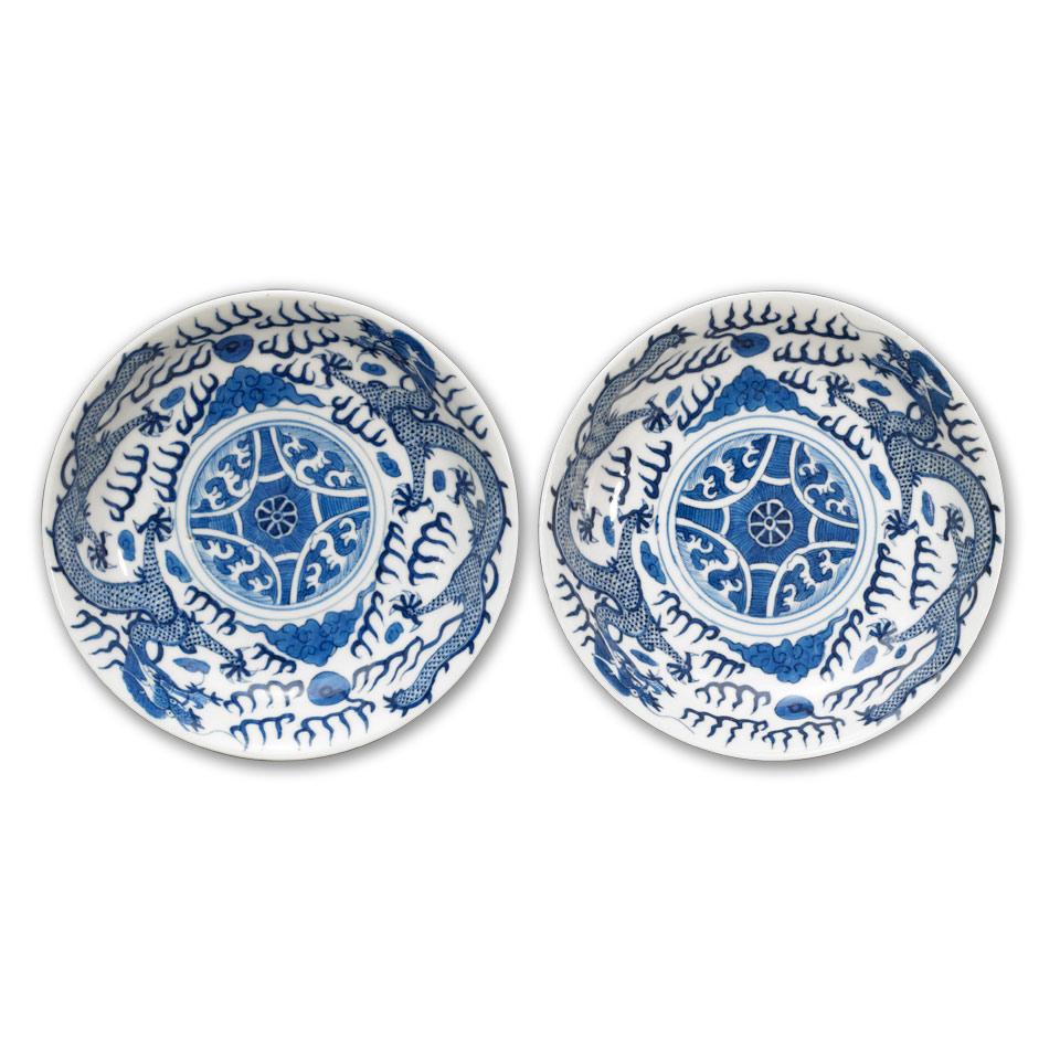 Pair of Blue and White Dragon Dishes, Qing Dynasty, Xuantong Mark and Period (1908-1911)