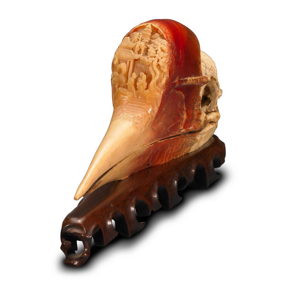 Export Hornbill Skull with Relief Carved Scene, Qing Dynasty, Late 19th Century 