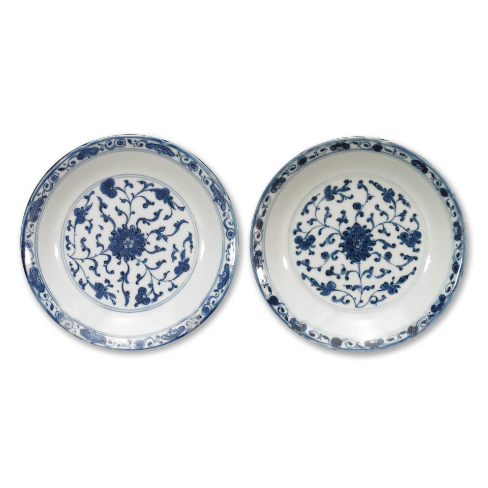 Pair of Blue and White Lobed Dishes, Qing Dynasty, Qianlong Mark and Period (1736-1795)
