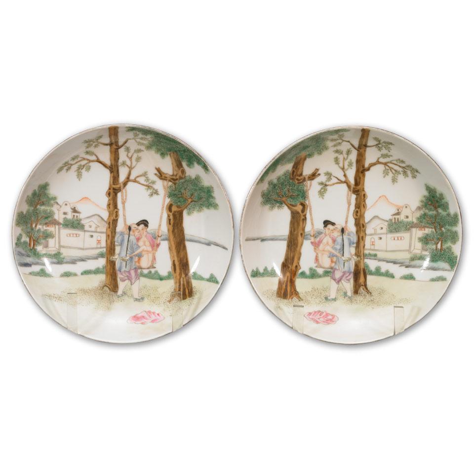 Pair of Famille Rose Erotic Dishes, Tongzhi Marks, Republican Period, 1920’s