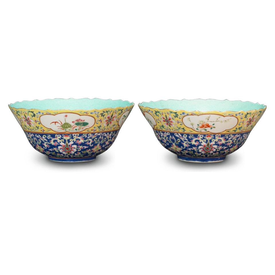 Pair of Famille Rose Medallion Bowls, Qianlong Mark, Republican Period, Early 20th Century
