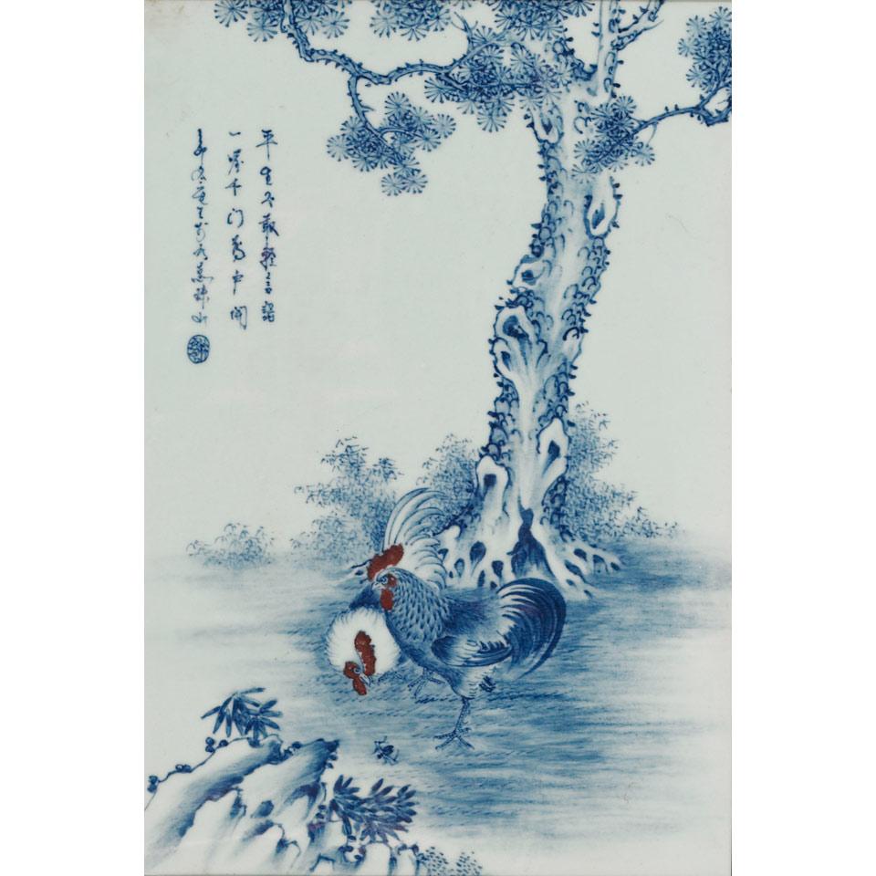 Blue and White Chicken Plaque, 20th Century