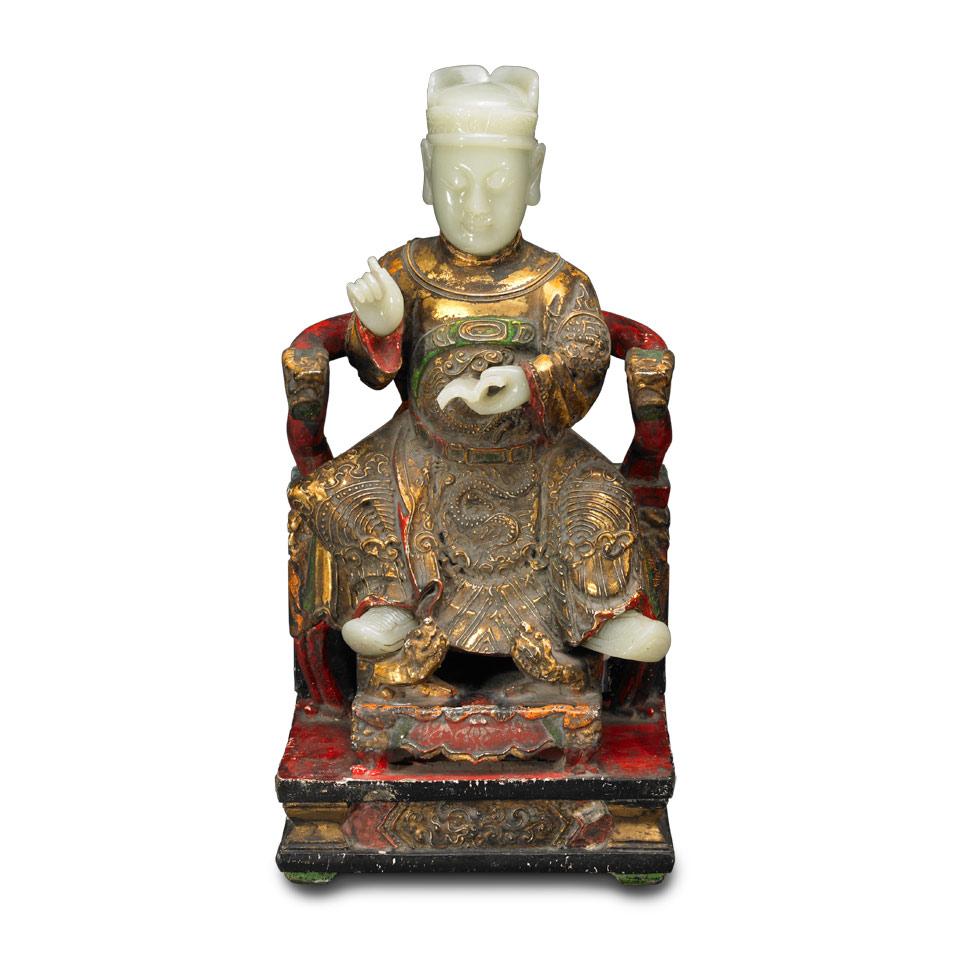 Unusual Polychrome Wood and Jade Seated Figure of Wen Chang, Qing Dynasty, 19th Century