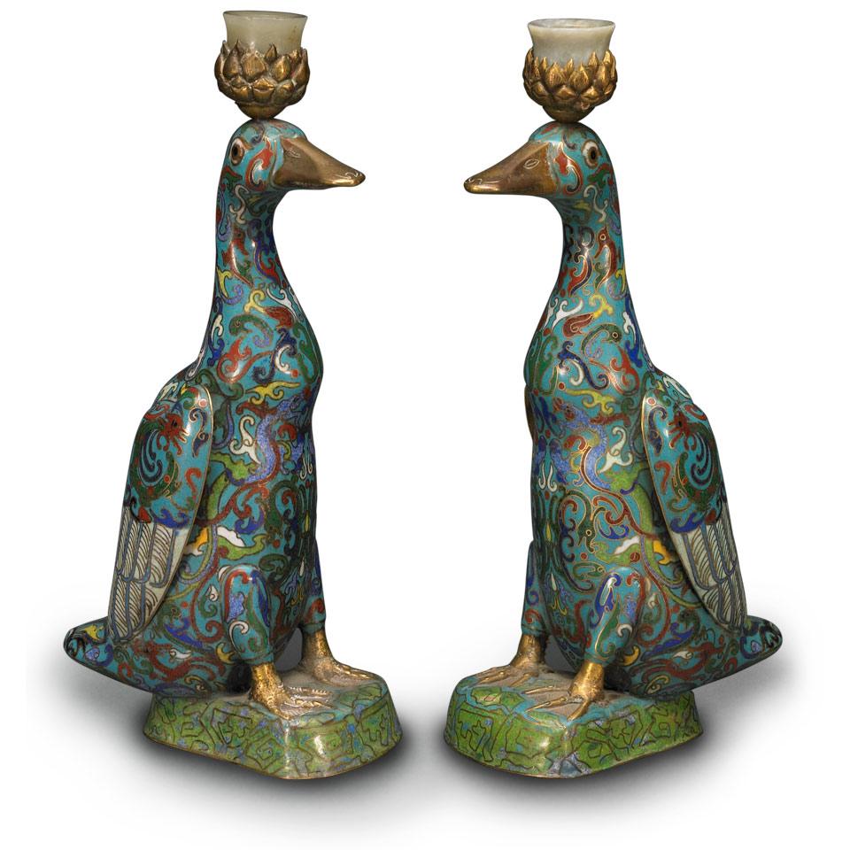 Pair of Blue Ground Cloisonné Duck Candelholders, Qing Dynasty, 19th Century