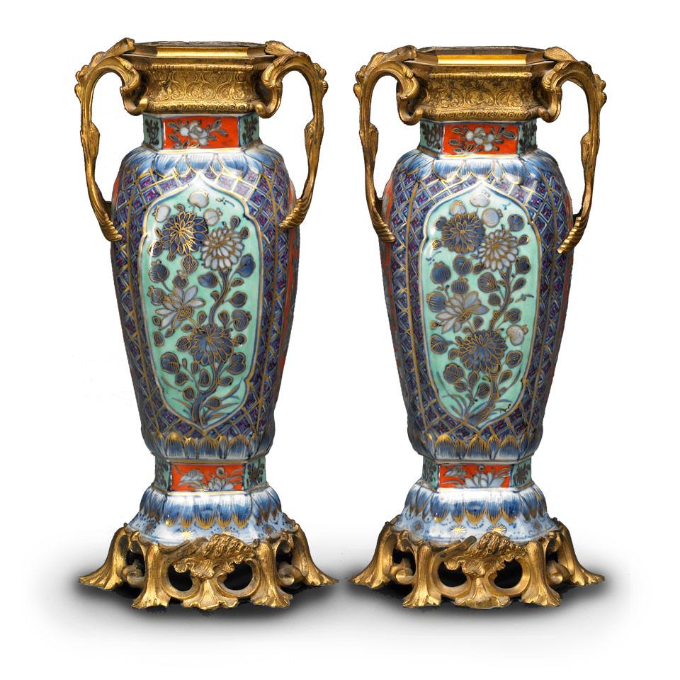 Pair of French Ormolu Mounted Enameled Cabinet Vases, Qing Dynasty, Kangxi Period (1664-1722)