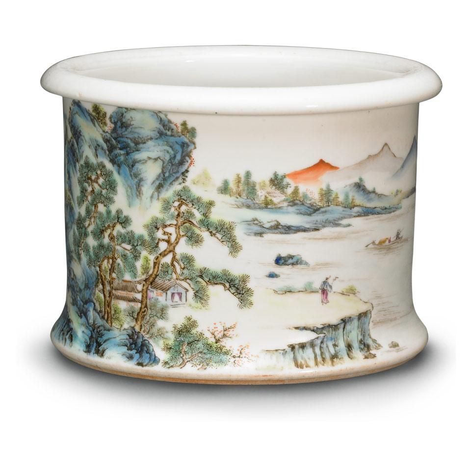 Famille Rose Landscape Brushpot, Bitong, Republican Period, Early 20th Century