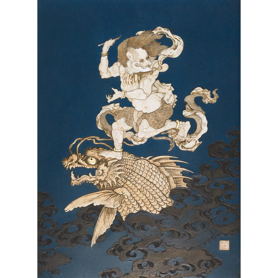 Fine Inlaid Lacquer Panel of Bunshosei on a Dragon-Carp, Meiji Period, circa 1900
